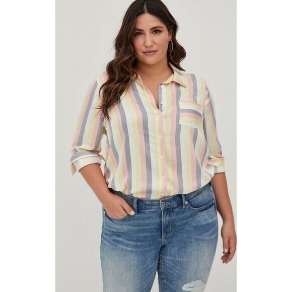 Torrid Womens Lizzie Button Down Shirt Size 3 Multi Striped Long Sleeve Plus 3x - Picture 1 of 11